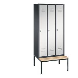 C+P CLASSIC Garderobenschrank mit untergebauter Sitzbank, 3 Abteile, Abteilbreite 300 mm, schwarzgrau / lichtgrau