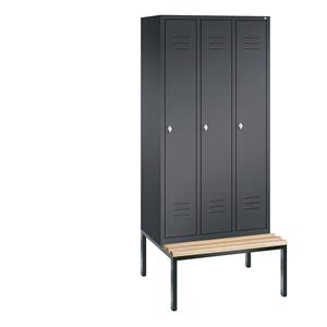 C+P CLASSIC Garderobenschrank mit untergebauter Sitzbank, 3 Abteile, Abteilbreite 300 mm, schwarzgrau