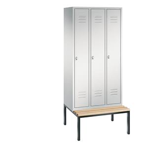C+P CLASSIC Garderobenschrank mit untergebauter Sitzbank, 3 Abteile, Abteilbreite 300 mm, lichtgrau
