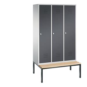 C+P CLASSIC Garderobenschrank mit untergebauter Sitzbank, 3 Abteile, Abteilbreite 400 mm, lichtgrau / schwarzgrau