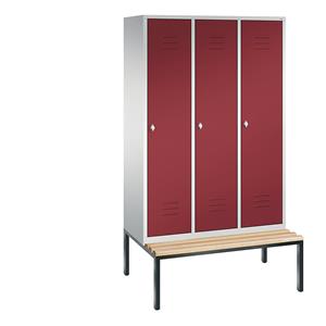 C+P CLASSIC Garderobenschrank mit untergebauter Sitzbank, 3 Abteile, Abteilbreite 400 mm, lichtgrau / rubinrot