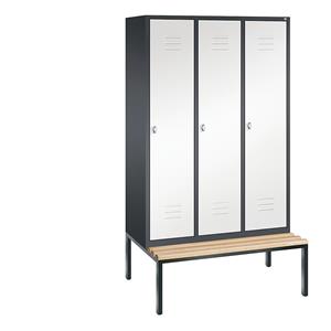 C+P CLASSIC Garderobenschrank mit untergebauter Sitzbank, 3 Abteile, Abteilbreite 400 mm, schwarzgrau / verkehrsweiß