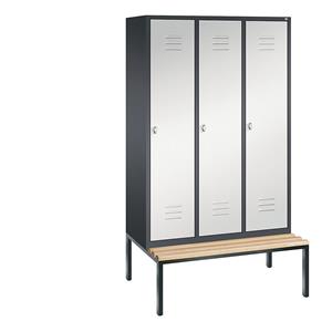 C+P CLASSIC Garderobenschrank mit untergebauter Sitzbank, 3 Abteile, Abteilbreite 400 mm, schwarzgrau / lichtgrau