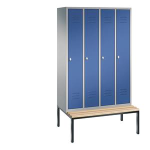 C+P CLASSIC Garderobenschrank mit untergebauter Sitzbank, 4 Abteile, Abteilbreite 300 mm, weißaluminium / enzianblau