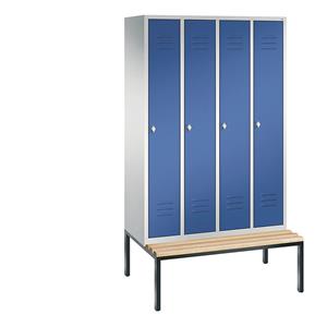C+P CLASSIC Garderobenschrank mit untergebauter Sitzbank, 4 Abteile, Abteilbreite 300 mm, lichtgrau / enzianblau