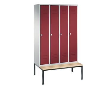 C+P CLASSIC Garderobenschrank mit untergebauter Sitzbank, 4 Abteile, Abteilbreite 300 mm, lichtgrau / rubinrot