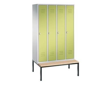 C+P CLASSIC Garderobenschrank mit untergebauter Sitzbank, 4 Abteile, Abteilbreite 300 mm, lichtgrau / viridingrün