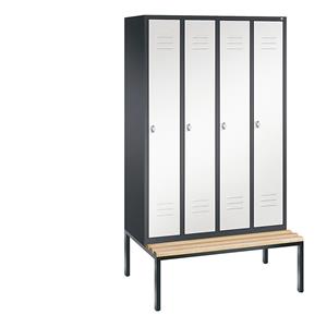 C+P CLASSIC Garderobenschrank mit untergebauter Sitzbank, 4 Abteile, Abteilbreite 300 mm, schwarzgrau / verkehrsweiß