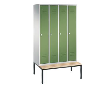 C+P CLASSIC Garderobenschrank mit untergebauter Sitzbank, 4 Abteile, Abteilbreite 300 mm, lichtgrau / resedagrün
