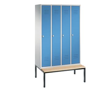 C+P CLASSIC Garderobenschrank mit untergebauter Sitzbank, 4 Abteile, Abteilbreite 300 mm, lichtgrau / lichtblau