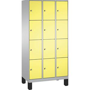 C+P EVOLO Fächerschrank, mit Füßen, 3 Abteile, je 4 Fächer, Abteilbreite 300 mm, weißaluminium / schwefelgelb
