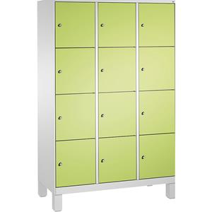 C+P EVOLO Fächerschrank, mit Füßen, 3 Abteile, je 4 Fächer, Abteilbreite 400 mm, lichtgrau / viridingrün