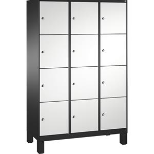 C+P EVOLO Fächerschrank, mit Füßen, 3 Abteile, je 4 Fächer, Abteilbreite 400 mm, schwarzgrau / lichtgrau