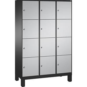 C+P EVOLO Fächerschrank, mit Füßen, 3 Abteile, je 4 Fächer, Abteilbreite 400 mm, schwarzgrau / weißaluminium