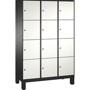 C+P EVOLO Fächerschrank, mit Füßen, 3 Abteile, je 4 Fächer, Abteilbreite 400 mm, schwarzgrau / verkehrsweiß