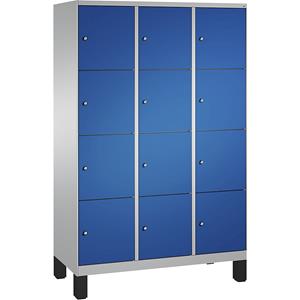 C+P EVOLO Fächerschrank, mit Füßen, 3 Abteile, je 4 Fächer, Abteilbreite 400 mm, weißaluminium / enzianblau