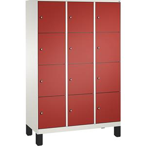 C+P EVOLO Fächerschrank, mit Füßen, 3 Abteile, je 4 Fächer, Abteilbreite 400 mm, verkehrsweiß / feuerrot