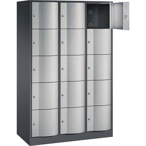 C+P RESISTO lockerkast, h x b x d = 1950 x 1150 x 540, 15 vakken, zwartgrijs RAL 7021 / blank aluminiumkleurig RAL 9006