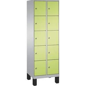 C+P EVOLO Fächerschrank, mit Füßen, 2 Abteile, je 5 Fächer, Abteilbreite 300 mm, weißaluminium / viridingrün