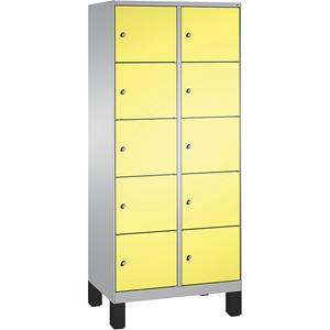 C+P EVOLO Fächerschrank, mit Füßen, 2 Abteile, je 5 Fächer, Abteilbreite 400 mm, weißaluminium / schwefelgelb