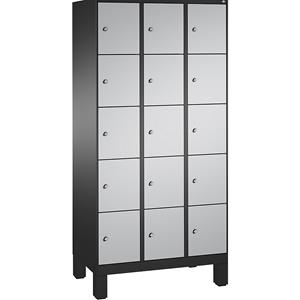C+P EVOLO Fächerschrank, mit Füßen, 3 Abteile, je 5 Fächer, Abteilbreite 300 mm, schwarzgrau / weißaluminium