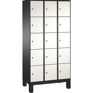 C+P EVOLO Fächerschrank, mit Füßen, 3 Abteile, je 5 Fächer, Abteilbreite 300 mm, schwarzgrau / verkehrsweiß