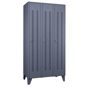 Wolf Stalen locker met kastpoten, compartimenten kasthoog, deuren van perforatieplaat, compartimentbreedte 300 mm, 3 compartimenten, blauwgrijs