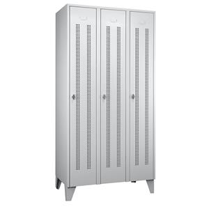 Wolf Stalen locker met kastpoten, compartimenten kasthoog, deuren van perforatieplaat, compartimentbreedte 300 mm, 3 compartimenten, lichtgrijs