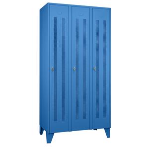 Wolf Stalen locker met kastpoten, compartimenten kasthoog, deuren van perforatieplaat, compartimentbreedte 300 mm, 3 compartimenten, lichtblauw