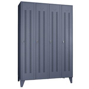 Wolf Stalen locker met kastpoten, compartimenten kasthoog, deuren van perforatieplaat, compartimentbreedte 300 mm, 4 compartimenten, blauwgrijs