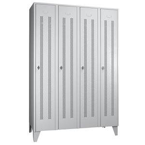 Wolf Stalen locker met kastpoten, compartimenten kasthoog, deuren van perforatieplaat, compartimentbreedte 300 mm, 4 compartimenten, lichtgrijs