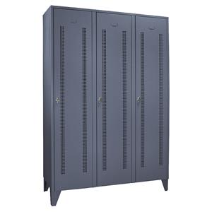 Wolf Stalen locker met kastpoten, compartimenten kasthoog, deuren van perforatieplaat, compartimentbreedte 400 mm, 3 compartimenten, blauwgrijs