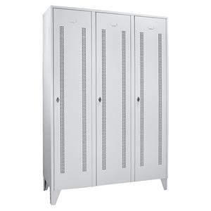 Wolf Stalen locker met kastpoten, compartimenten kasthoog, deuren van perforatieplaat, compartimentbreedte 400 mm, 3 compartimenten, lichtgrijs