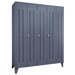 Wolf Stalen locker met kastpoten, compartimenten kasthoog, deuren van perforatieplaat, compartimentbreedte 300 mm, 5 compartimenten, blauwgrijs