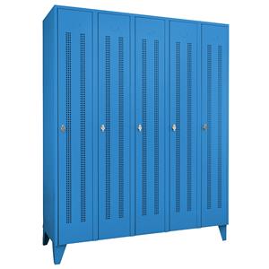 Wolf Stalen locker met kastpoten, compartimenten kasthoog, deuren van perforatieplaat, compartimentbreedte 300 mm, 5 compartimenten, lichtblauw