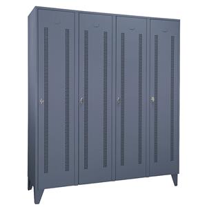 Wolf Stalen locker met kastpoten, compartimenten kasthoog, deuren van perforatieplaat, compartimentbreedte 400 mm, 4 compartimenten, blauwgrijs