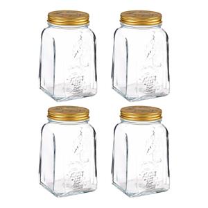 Pasabahce Voorraadpot/bewaarpot Square - 4x - glas - 1L - transparant/goud - D10 x H17 cm - voedsel bewaren -