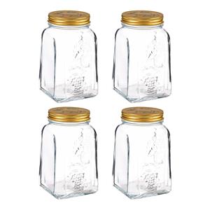 Pasabahce Voorraadpot/bewaarpot Square - 4x - glas - 1L - transparant/goud - D10 x H17 cm - voedsel bewaren -