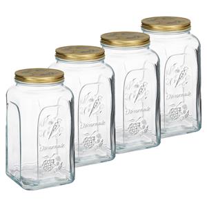 Pasabahce Voorraadpot/bewaarpot Square - 4x - glas - 3L - transparant/goud - D13 x H25 cm - voedsel bewaren -