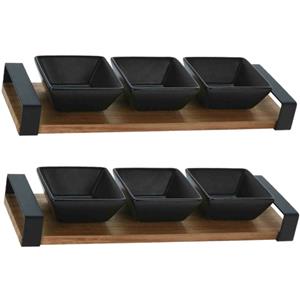 Excellent Houseware 2x stuks serveerplank acacia hout met 3 hapjes/saus/tapas schaaltjes 32 x 10 cm -