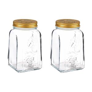 Pasabahce Voorraadpot/bewaarpot Square - 2x - glas - 1L - transparant/goud - D10 x H17 cm - voedsel bewaren -