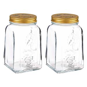 Pasabahce Voorraadpot/bewaarpot Square - 2x - glas - 1,5L - transparant/goud - D10 x H19 cm - voedsel bewaren -