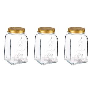 Pasabahce Voorraadpot/bewaarpot Square - 3x - glas - 1L - transparant/goud - D10 x H17 cm - voedsel bewaren -