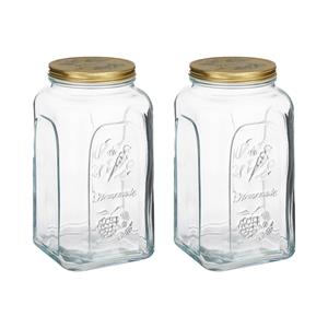 Pasabahce Voorraadpot/bewaarpot Square - 2x - glas - 3L - transparant/goud - D13 x H25 cm - voedsel bewaren -