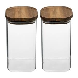 5five 2x stuks voorraadbussen/voorraadpotten 1,3L glas met acacia houten deksel -