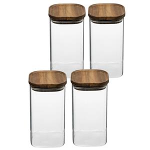 5five 4x stuks voorraadbussen/voorraadpotten 1,3L glas met acacia houten deksel -
