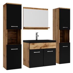 Badplaats Badkamermeubel Set Montreal XL 60 x 35 cm - Eiken met Zwart - Badmeubel met zwarte wastafel en zijkasten