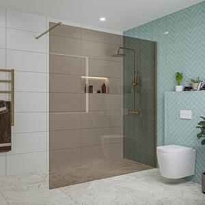 Fortifura Galeria inloopdouche - 180x200cm - rookglas - wandarm - Geborsteld Messing PVD (Goud) SW797943/SW797910