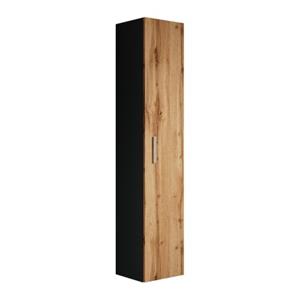 Badplaats Badkamerkast Pluto 30 x 30 x 150 cm - Eiken met Zwart -Hangende Badkamerkasten Hoog met 1 Deur