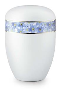 Urnwebshop Zijdeglans Witte Design Urn Vergeet Mij Niet Bloemen (4 liter)
